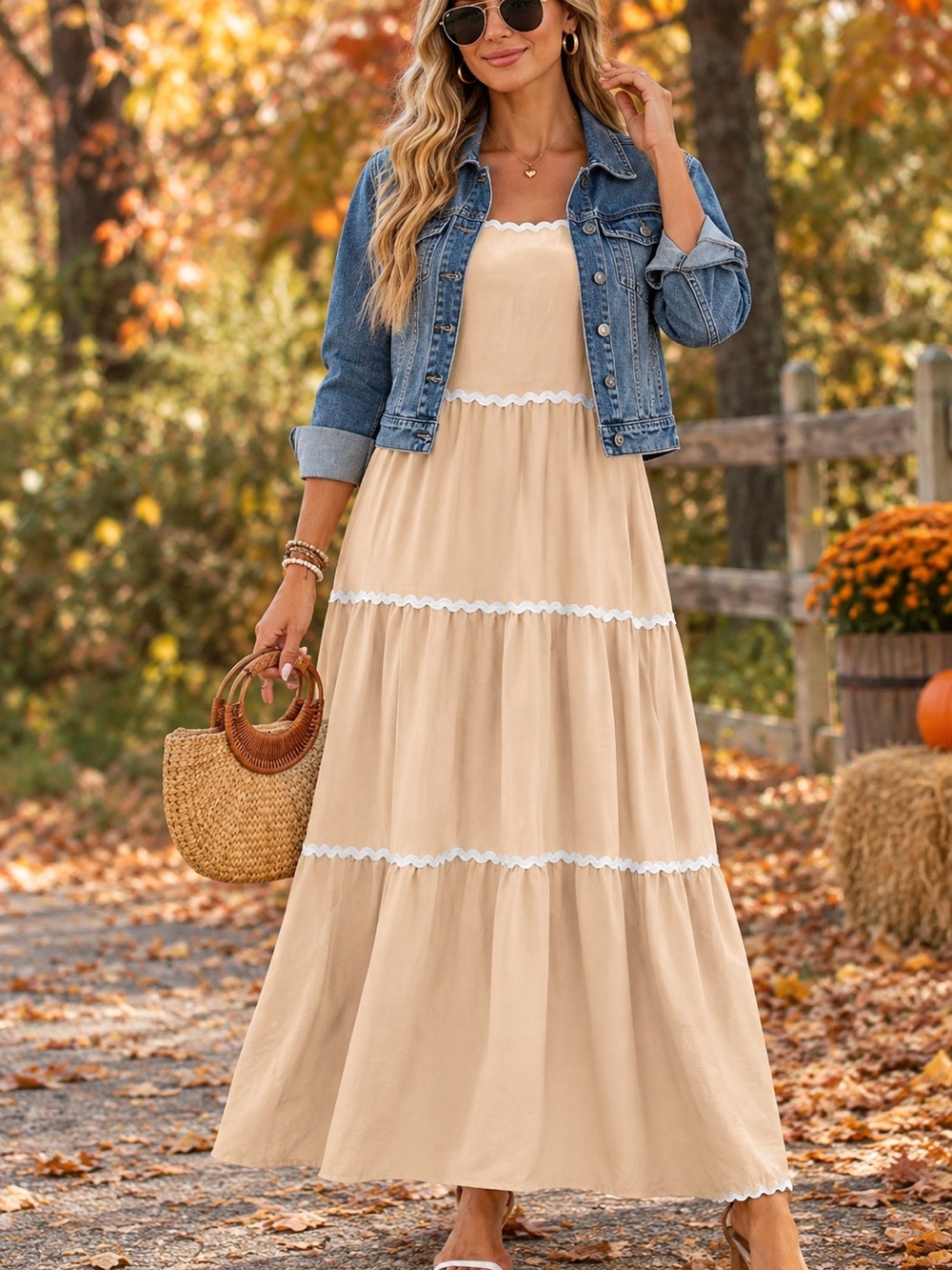 Womenโs Beige Tiered Maxi Dress with Lace Trim XXL